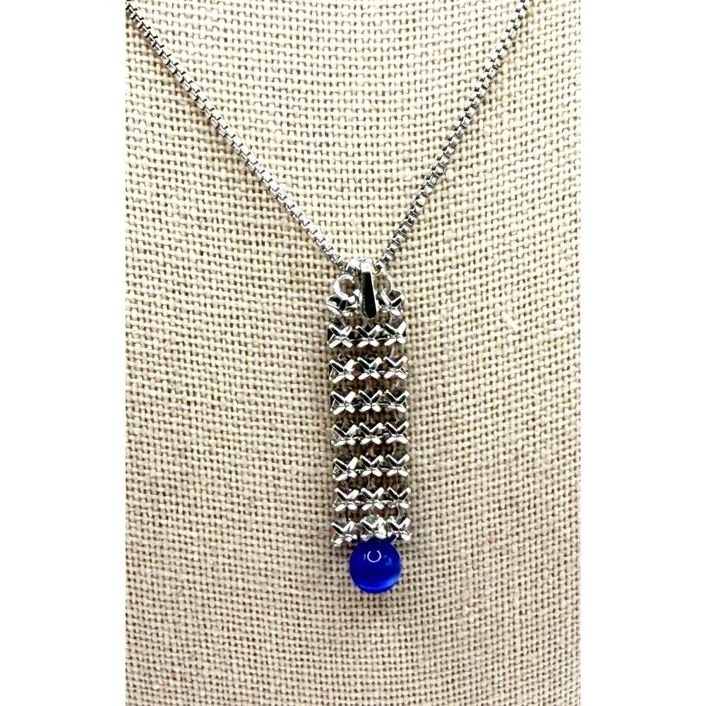 Silver‎ Rhinestone Drop Necklace Blue Glass Pendant Dainty Vertical Bar